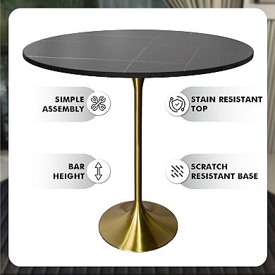 LeisureMod Verve 48" Bar Dining Table with Sintered Stone Round Top in Gold Steel, Gold Marbleized