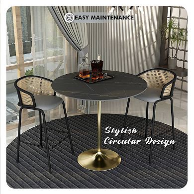 LeisureMod Verve 48" Bar Dining Table with Sintered Stone Round Top in Gold Steel, Gold Marbleized