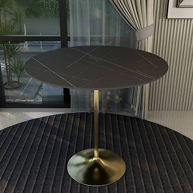 LeisureMod Verve 48" Bar Dining Table with Sintered Stone Round Top in Gold Steel, Gold Marbleized