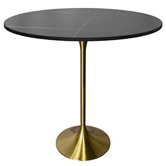 LeisureMod Verve 48" Bar Dining Table with Sintered Stone Round Top in Gold Steel, Gold Marbleized