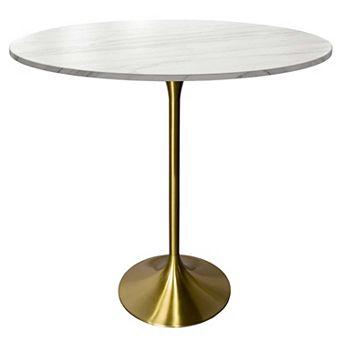 LeisureMod Verve 48" Bar Dining Table with Sintered Stone Round Top in Gold Steel, Gold Marbleized