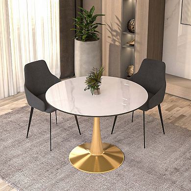 LeisureMod Round Dining Table 40" Sintered Stone Tabletop in Gold Steel Bistro Series