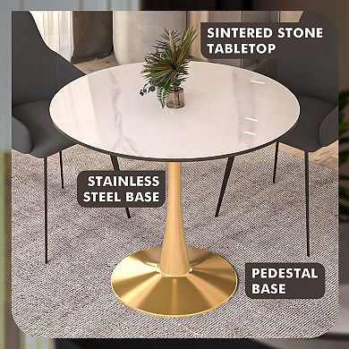 LeisureMod Round Dining Table 40" Sintered Stone Tabletop in Gold Steel Bistro Series
