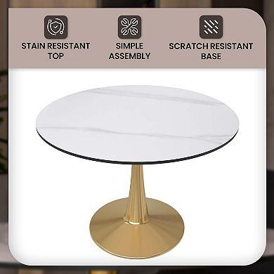 LeisureMod Round Dining Table 40" Sintered Stone Tabletop in Gold Steel Bistro Series