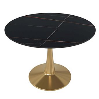 LeisureMod Round Dining Table 40" Sintered Stone Tabletop in Gold Steel Bistro Series