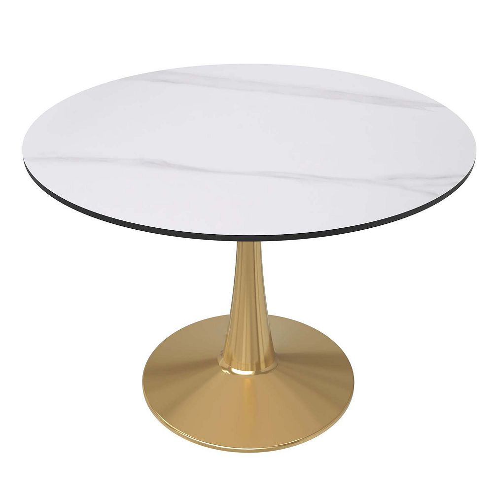 LeisureMod Round Dining Table 40" Sintered Stone Tabletop in Gold Steel ...