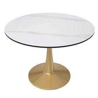 LeisureMod Round Dining Table 40" Sintered Stone Tabletop in Gold Steel Bistro Series