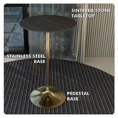LeisureMod Verve 27" Bar Dining Table with Sintered Stone Round Top in Gold Steel, Gold Marbleized