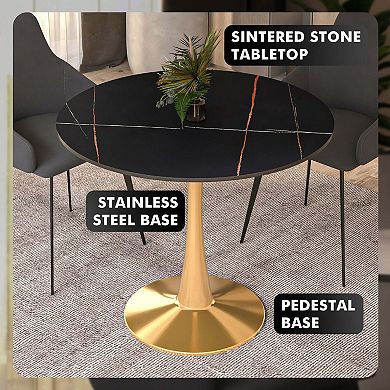 LeisureMod Round Dining Table 31" Sintered Stone Tabletop in Gold Steel Bistro Series