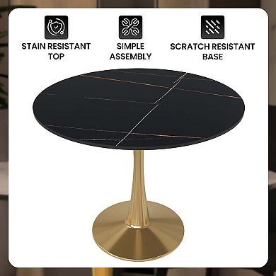 LeisureMod Round Dining Table 31" Sintered Stone Tabletop in Gold Steel Bistro Series