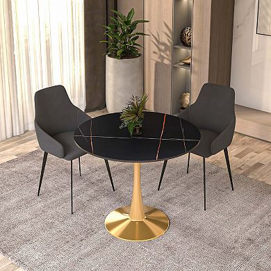LeisureMod Round Dining Table 31" Sintered Stone Tabletop in Gold Steel Bistro Series