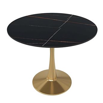 LeisureMod Round Dining Table 31" Sintered Stone Tabletop in Gold Steel Bistro Series