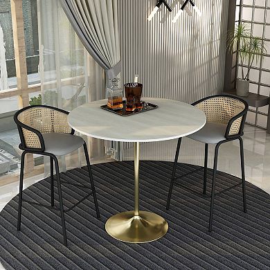 LeisureMod Verve 48" Bar Height Dining Table with MDF Round Top in Gold Steel, Light Natural Wood