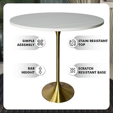 LeisureMod Verve 48" Bar Height Dining Table with MDF Round Top in Gold Steel, Light Natural Wood