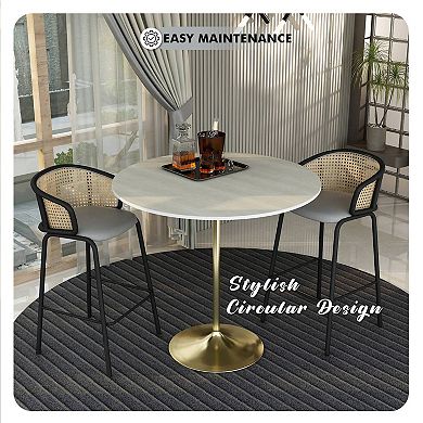 LeisureMod Verve 48" Bar Height Dining Table with MDF Round Top in Gold Steel, Light Natural Wood