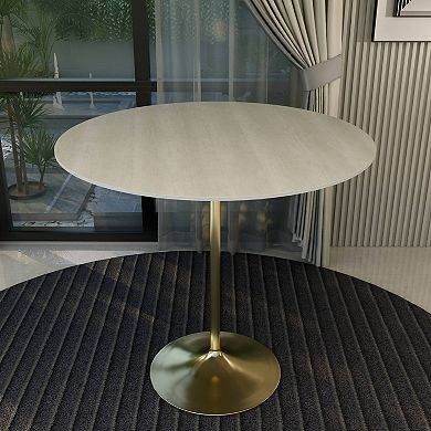 LeisureMod Verve 48" Bar Height Dining Table with MDF Round Top in Gold Steel, Light Natural Wood