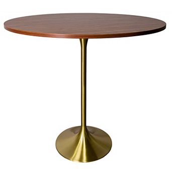 LeisureMod Verve 48" Bar Height Dining Table with MDF Round Top in Gold Steel, Light Natural Wood