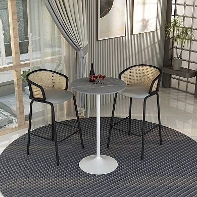 LeisureMod Verve 27" Bar Dining Table with Sintered Stone Round Top in White Steel, Marble Grey