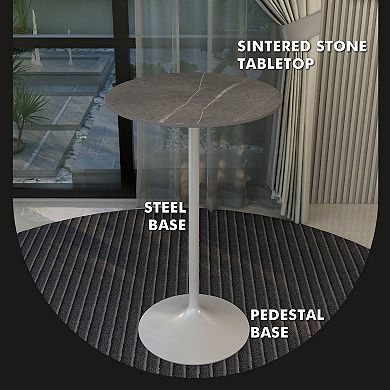 LeisureMod Verve 27" Bar Dining Table with Sintered Stone Round Top in White Steel, Marble Grey