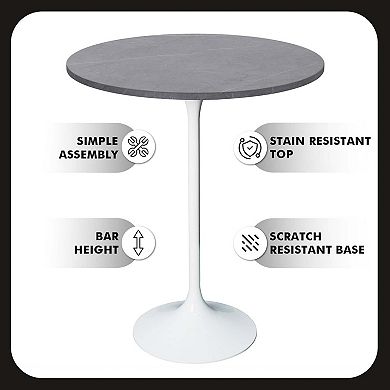 LeisureMod Verve 27" Bar Dining Table with Sintered Stone Round Top in White Steel, Marble Grey