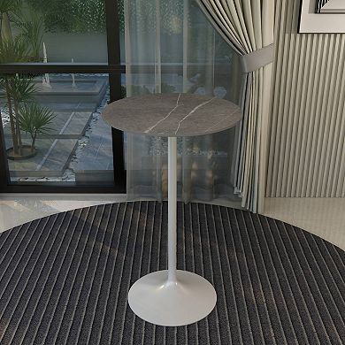 LeisureMod Verve 27" Bar Dining Table with Sintered Stone Round Top in White Steel, Marble Grey