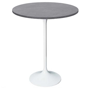 LeisureMod Verve 27" Bar Dining Table with Sintered Stone Round Top in White Steel, Marble Grey