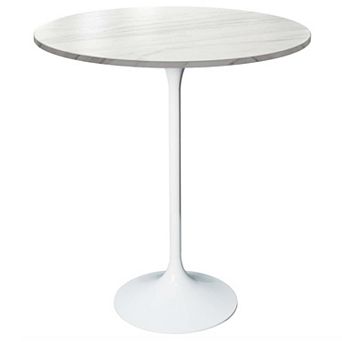 LeisureMod Verve 27" Bar Dining Table with Sintered Stone Round Top in White Steel, Marble Grey