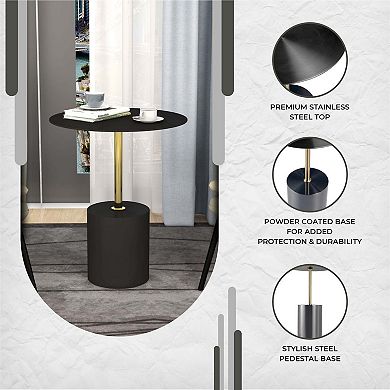 LeisureMod Malta Round Side Table with Stainless Steel Pedestal Base