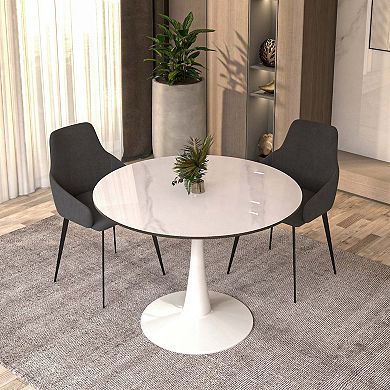 LeisureMod Round Dining Table 40" Sintered Stone Tabletop in White Steel Bistro Series
