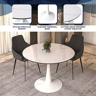 LeisureMod Round Dining Table 40" Sintered Stone Tabletop in White Steel Bistro Series