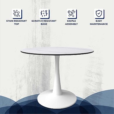LeisureMod Round Dining Table 40" Sintered Stone Tabletop in White Steel Bistro Series