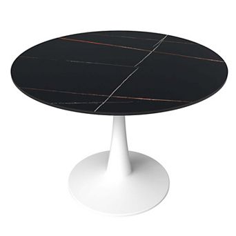 LeisureMod Round Dining Table 40" Sintered Stone Tabletop in White Steel Bistro Series
