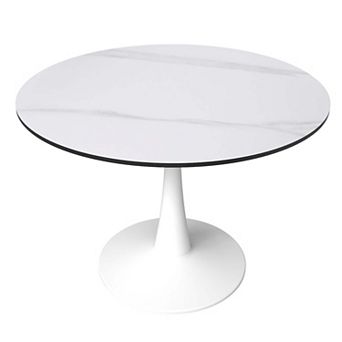 LeisureMod Round Dining Table 40" Sintered Stone Tabletop in White Steel Bistro Series