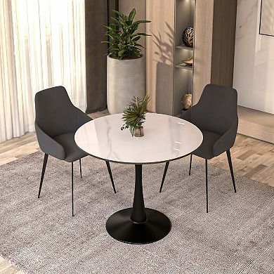 LeisureMod Round Dining Table 35" Sintered Stone Tabletop in Black Steel Bistro Series