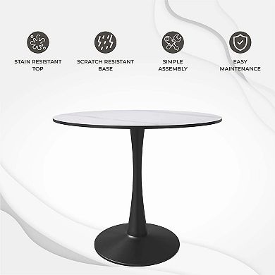 LeisureMod Round Dining Table 35" Sintered Stone Tabletop in Black Steel Bistro Series