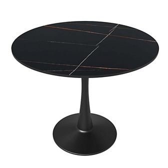 LeisureMod Round Dining Table 35" Sintered Stone Tabletop in Black Steel Bistro Series