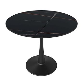 LeisureMod Round Dining Table 35" Sintered Stone Tabletop in Black Steel Bistro Series