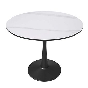 LeisureMod Round Dining Table 35" Sintered Stone Tabletop in Black Steel Bistro Series