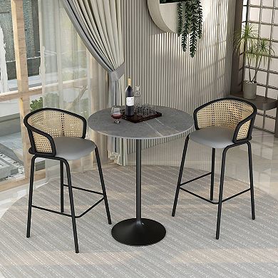LeisureMod Verve 36" Bar Dining Table with Sintered Stone Round Top in Black Steel, Marble Grey