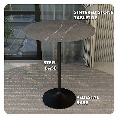 LeisureMod Verve 36" Bar Dining Table with Sintered Stone Round Top in Black Steel, Marble Grey