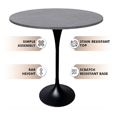 LeisureMod Verve 36" Bar Dining Table with Sintered Stone Round Top in Black Steel, Marble Grey