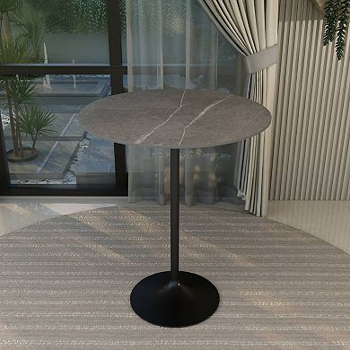 LeisureMod Verve 36" Bar Dining Table with Sintered Stone Round Top in Black Steel, Marble Grey