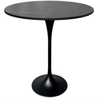 LeisureMod Verve 36" Bar Dining Table with Sintered Stone Round Top in Black Steel, Marble Grey
