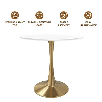 LeisureMod Round Dining Table 27" MDF Wood Tabletop in Gold Steel Bistro Series