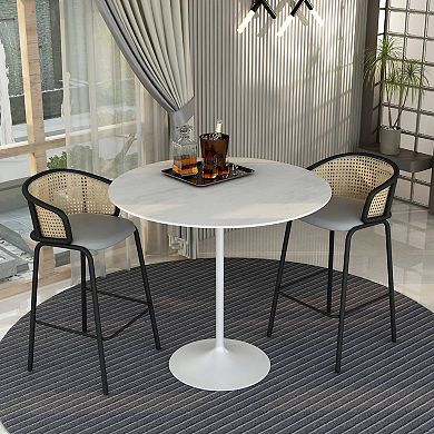 LeisureMod Verve 48" Bar Dining Table with Sintered Stone Round Top in White Steel, Marble White