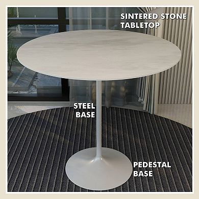 LeisureMod Verve 48" Bar Dining Table with Sintered Stone Round Top in White Steel, Marble White