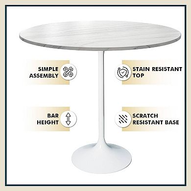LeisureMod Verve 48" Bar Dining Table with Sintered Stone Round Top in White Steel, Marble White