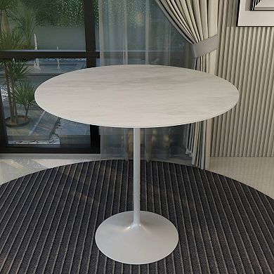 LeisureMod Verve 48" Bar Dining Table with Sintered Stone Round Top in White Steel, Marble White