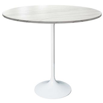 LeisureMod Verve 48" Bar Dining Table with Sintered Stone Round Top in White Steel, Marble Grey