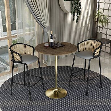 LeisureMod Verve 36" Bar Height Dining Table with MDF Round Top in Gold Steel, Light Natural Wood
